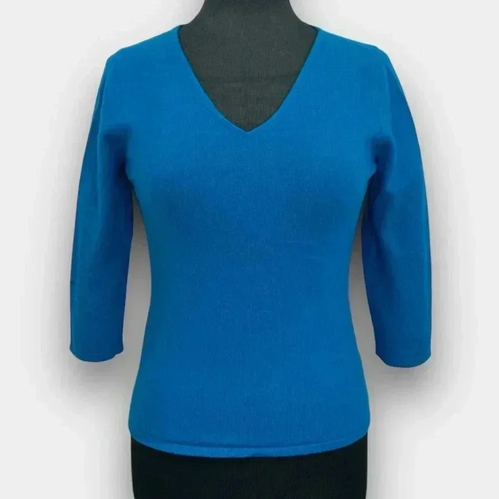InCashmere Cobalt Blue 100% Cashmere V-Neck Sweater S 3/4 Sleeve Pullover